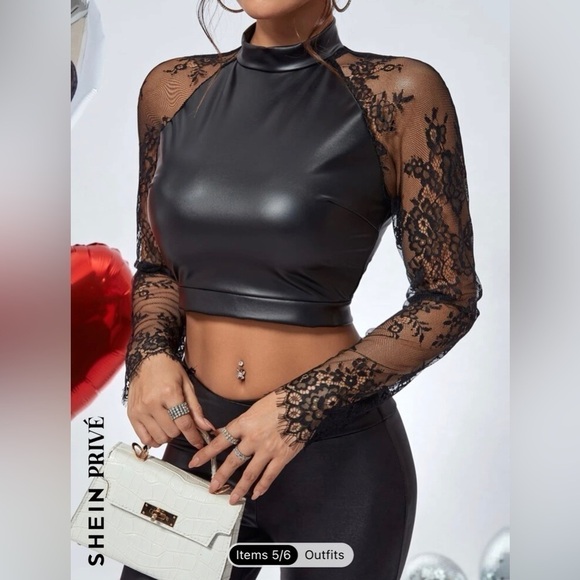 SHEIN  Privé Contrast Lace PU Crop Top - Picture 5 of 8